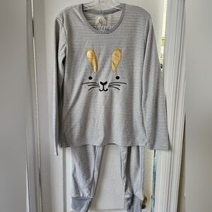 Bunny themed 2 piece pajamas in a size medium and gray and white stripes